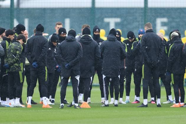 Football - UEFA Europa League - Round of 16 (1st Leg) - Manchester United, ManU Training Session 8th March 2023 - UEFA Europa League - Round of 16 (1st Leg) - Manchester United Training Session - Marcus Rashford of Manchester United (C) joins a team talk - Photo: Simon Stacpoole Offside. Manchester UK Copyright: xSimonxStacpoolexOffside
