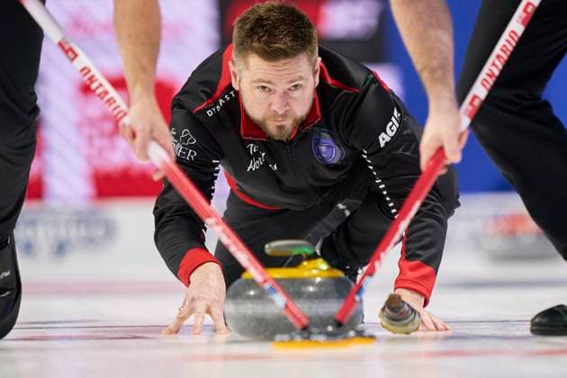 Sport Themen der Woche KW10 March 8, 2023, London, ON, CANADA: Ontario skip Mike McEwen watches his shot during OntarioöÄÃ s match against New Brunswick at the 2023 Tim Hortons Brier at Budweiser Gardens in London, Ont., Wednesday, March 8, 2023. Canada News - March 8, 2023  - ZUMAc35_ 20230308_zaf_c35_075 Copyright: xGeoffxRobinsx