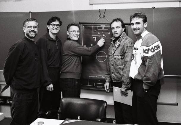DFB Trainerlehrgang: Gerd Müller, Wynton Rufer, ?, Rüdiger Abramczik, Stefan Kunz (vl) *** DFB trainer course Gerd Müller, Wynton Rufer, , Rüdiger Abramczik, Stefan Kunz vl