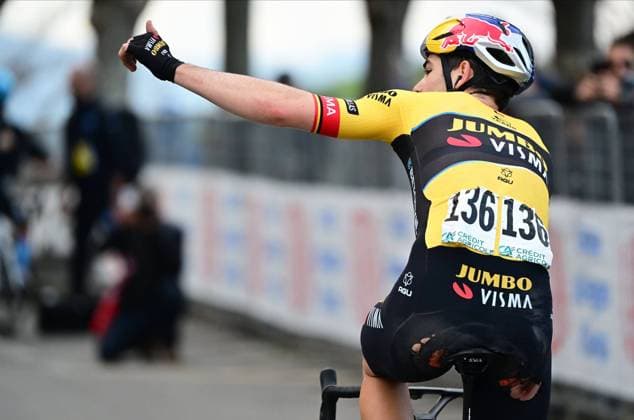 Belgian Wout van Aert of Team Jumbo-Visma crosses the finish line after a fall during stage 4 of the Tirreno-Adriatico cycling race, 219 km from Greccio to Tortoreto, in Italy, Thursday 09 March 2023. DIRKxWAEM  x62257937x