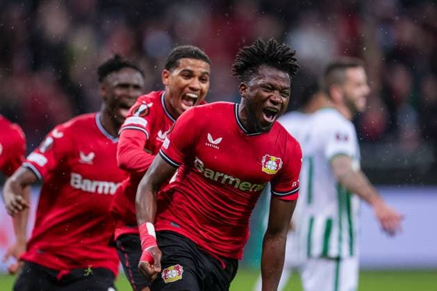 Sport Bilder des Tages 09.03.2023, Fussball, Saison 2022 2022, UEFA Europa League, Achtelfinale, UEL, Bayer 04 Leverkusen - Ferencvaros Budapest, Edmond Tapsoba (Bayer 04 Leverkusen) bejubelt das Tor zum 2:0, xRHR-FOTO DEx Copyright: RHR-FOTO DennisxEwertx RHR-FOTO DE