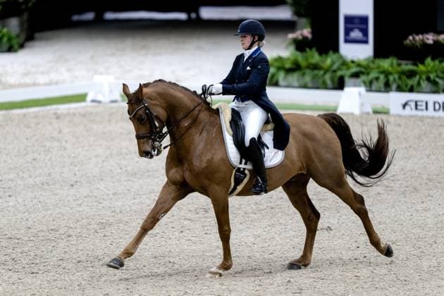 Sport Themen der Woche KW10 Sport Bilder des Tages DEN BOSCH - Emma Kanerva (FIN) on Greek Air during the World Cup qualification dressage, during The Dutch Masters Indoor Brabant Horse Show. ANP SANDER KONING netherlands out - belgium out S-Hertogenbosch xVIxxIVx 464566271 originalFilename: 0238883526st.jpg