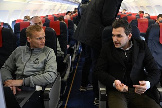 Union s head coach Karel Geraerts and Union s CEO Philippe Bormans take their seats in the airplane for the departure of Belgian soccer team Royale Union Saint-Gilloise, from the airport in Berlin, Germany to Zaventem, Belgium on Friday 10 March 2023. Union is traveling home after yesterday s game against German Union Berlin, the first leg of the round of 16 of the UEFA Europa League competition which ended in a 3-3 draw. LAURIExDIEFFEMBACQ  x62391440x