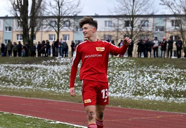 Fussball, U 17, Saison 2022 23, B-Junioren Bundesliga, Staffel Nord Nordost (17. Spieltag), 1. FC Union Berlin - Hertha BSC, Julien Friedrich U17, U 17 1. FC Union), Jubel nach Tor zum 2:1, 11.03.2023,