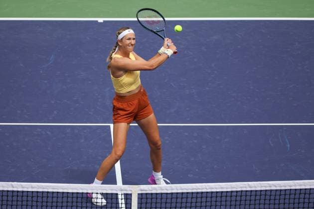 INDIAN WELLS, CA - MARCH 11: Victoria Azarenka hits a volley during the BNP Paribas Open on March 11, 2023 at the Indian Wells Tennis Garden in Indian Wells, CA. (Photo by George Walker Icon Sportswire) TENNIS: MAR 11 BNP Paribas Open Icon230311003