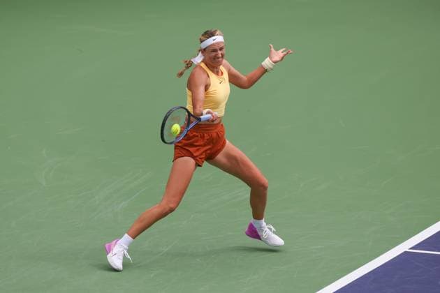 INDIAN WELLS, CA - MARCH 11: Victoria Azarenka hits a forehand during the BNP Paribas Open on March 11, 2023 at the Indian Wells Tennis Garden in Indian Wells, CA. (Photo by George Walker Icon Sportswire) TENNIS: MAR 11 BNP Paribas Open Icon230311011