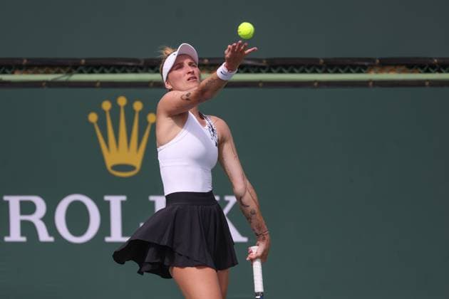 INDIAN WELLS, CA - MARCH 11: Marketa Vondrousova (CZE) serves during the BNP Paribas Open on March 11, 2023 at the Indian Wells Tennis Garden in Indian Wells, CA. (Photo by George Walker Icon Sportswire) TENNIS: MAR 11 BNP Paribas Open Icon230311024