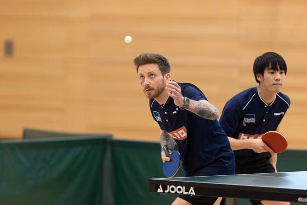 v.l. Jakub Kosowski (Hertha BSC Berlin), Yuta Iimura (Hertha BSC Berlin) - Passau (Bayern Deutschland) Tischtennis Herren, 2. Bundesliga, Saison 2022 2023 am 12.03.2023 in der Neuen Mehrzweckhalle TTC Fortuna Passau vs. Hertha BSC Berlin