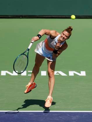 March 12, 2023 Maria Sakkari of Greece serves against Anhelina Kalinina of Ukraine during the 2023 BNP Paribas Open at Indian Wells Tennis Garden in Indian Wells, California. Mandatory Photo Credit: CSM Indian Wells United States of America - ZUMAc04_ 20230312_zaf_c04_037 Copyright: xCharlesxBausx