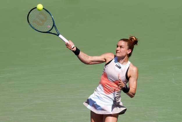 March 12, 2023 Maria Sakkari of Greece returns a shot against Anhelina Kalinina of Ukraine during the 2023 BNP Paribas Open at Indian Wells Tennis Garden in Indian Wells, California. Mandatory Photo Credit: CSM Indian Wells United States of America - ZUMAc04_ 20230312_zaf_c04_039 Copyright: xCharlesxBausx