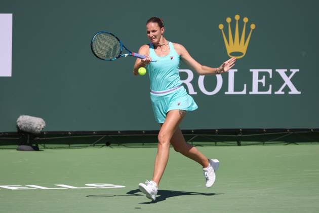 INDIAN WELLS, CA - MARCH 12: Karolina Pliskova (CZE) hits a forehand during the BNP Paribas Open on March 12, 2023 at the Indian Wells Tennis Garden in Indian Wells, CA. (Photo by George Walker Icon Sportswire) TENNIS: MAR 12 BNP Paribas Open Icon230312042