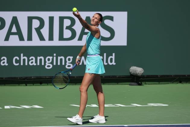 INDIAN WELLS, CA - MARCH 12: Karolina Pliskova (CZE) serves during the BNP Paribas Open on March 12, 2023 at the Indian Wells Tennis Garden in Indian Wells, CA. (Photo by George Walker Icon Sportswire) TENNIS: MAR 12 BNP Paribas Open Icon230312044