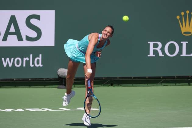 INDIAN WELLS, CA - MARCH 12: Karolina Pliskova (CZE) serves during the BNP Paribas Open on March 12, 2023 at the Indian Wells Tennis Garden in Indian Wells, CA. (Photo by George Walker Icon Sportswire) TENNIS: MAR 12 BNP Paribas Open Icon230312046
