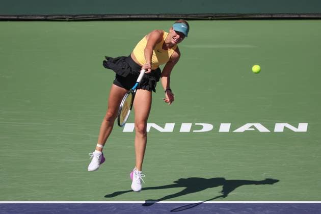 INDIAN WELLS, CA - MARCH 12: Anastasia Potapova serves during the BNP Paribas Open on March 12, 2023 at the Indian Wells Tennis Garden in Indian Wells, CA. (Photo by George Walker Icon Sportswire) TENNIS: MAR 12 BNP Paribas Open Icon230312048