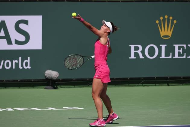 INDIAN WELLS, CA - MARCH 12: Veronika Kudermetova serves during the BNP Paribas Open on March 12, 2023 at the Indian Wells Tennis Garden in Indian Wells, CA. (Photo by George Walker Icon Sportswire) TENNIS: MAR 12 BNP Paribas Open Icon230312069