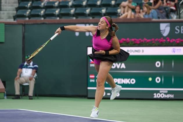 INDIAN WELLS, CA - MARCH 12: Jelena Ostapenko (LAT) serves during the BNP Paribas Open on March 12, 2023 at the Indian Wells Tennis Garden in Indian Wells, CA. (Photo by George Walker Icon Sportswire) TENNIS: MAR 12 BNP Paribas Open Icon230312109