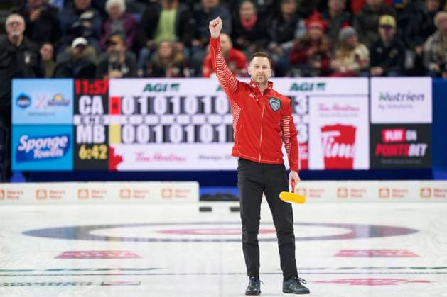 March 12, 2023, London, Ontario, Canada: Team Canada s Brad Gushue reacts after making a three against Team Manitoba in the eighth end during the finals at the 2023 Tim Hortons Brier in London, Ont., Sunday, March 12, 2023. Canada News - March 12, 2023  - ZUMAc35_ 20230312_zaf_c35_023 Copyright: xGeoffxRobinsx