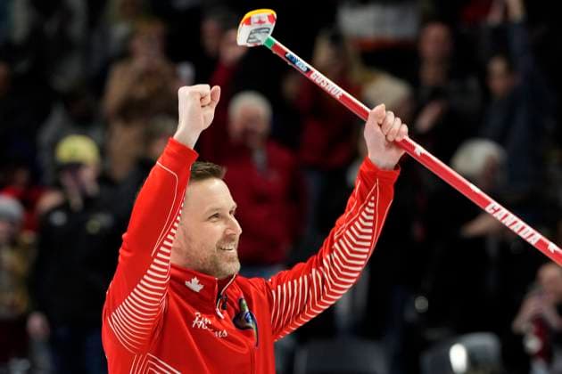 March 12, 2023, London, ON, Canada: Team Canada skip Brad Gushue celebrates defeating Team Manitoba in the finals of the 2023 Tim Hortons Brier in London, Ont., Sunday, March 12, 2023. Canada News - March 12, 2023  - ZUMAc35_ 20230312_zaf_c35_033 Copyright: xFrankxGunnx