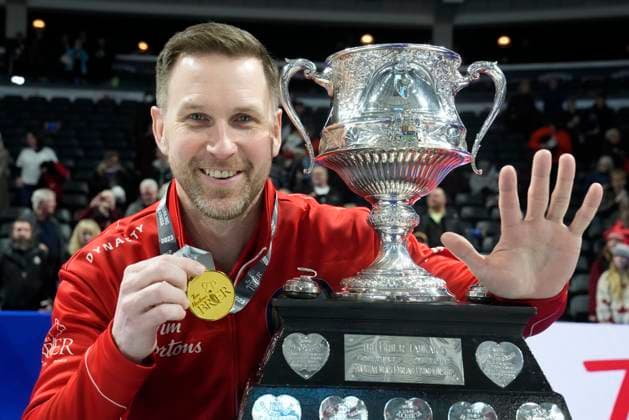 March 12, 2023, London, ON, Canada: Team Canada skip Brad Gushue celebrates while holding five fingers open in his left hand and defeating Team Manitoba in the finals of the 2023 Tim Hortons Brier in London, Ont., Sunday, March 12, 2023. It s Gushue s fifth Tim Hortons Brier crown in the last seven years. Canada News - March 12, 2023  - ZUMAc35_ 20230312_zaf_c35_036 Copyright: xFrankxGunnx