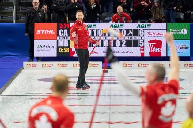 March 12, 2023, London, Ontario, Canada: Team Canada skip Brad Gushue, back centre, celebrates his victory in the final against Matt Dunstone s Team Manitoba at the 2023 Tim Hortons Brier in London, Ontario on Sunday, March 12, 2023. Canada News - March 12, 2023 - ZUMAc35_ 20230312_zaf_c35_043 Copyright: xGeoffxRobinsx