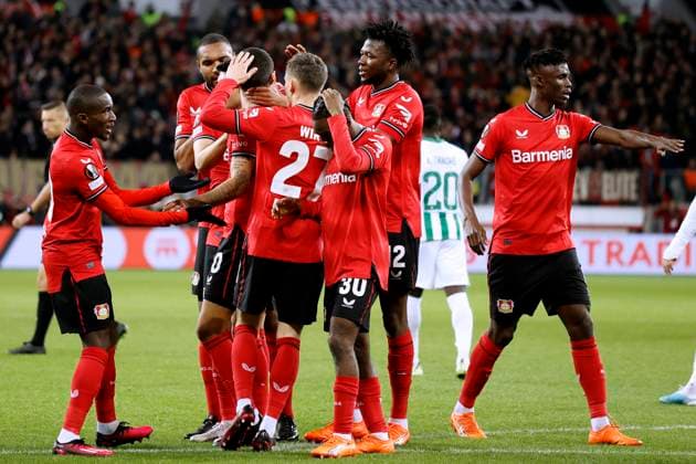 DEMIRBAY Kerem Team Bayer 04 Leverkusen jubelt nach seinem Tor zum 1 : 0 mit TAH, DIABY und WIRTZ und TAPSOBA UEFA Europa League Saison 2022 - 2023 Spiel Bayer 04 Leverkusen - Ferencvaros TC 2 : 0 am 09. 03. 2023 in Leverkusen DFL REGULATIONS PROHIBIT ANY USE OF PHOTOGRAPHS as IMAGE SEQUENCES and or QUASI-VIDEO Copyright: xLacixPerenyix