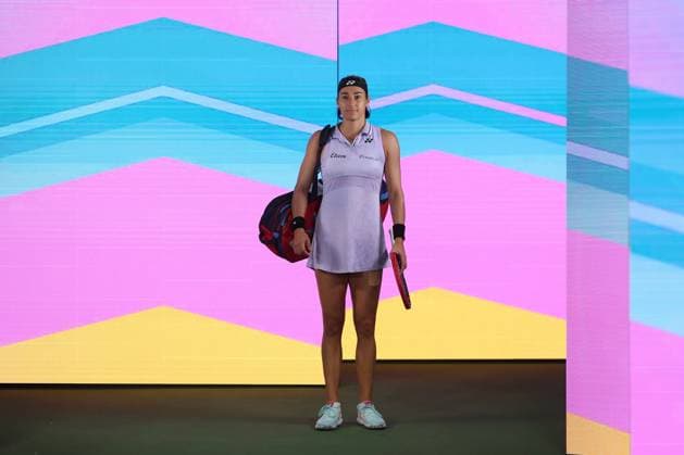 Caroline Garcia in action against Leilah Fernandez at the BNP Paribas Open at Indian Wells TENNIS : Indian Wells 2023 AntoineCouvercelle Panoramic 