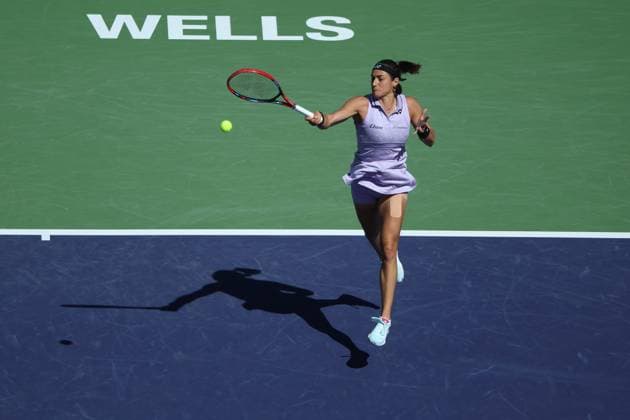 Caroline Garcia in action against Leilah Fernandez at the BNP Paribas Open at Indian Wells TENNIS : Indian Wells 2023 AntoineCouvercelle Panoramic 