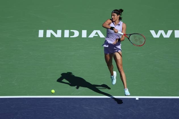Caroline Garcia in action against Leilah Fernandez at the BNP Paribas Open at Indian Wells TENNIS : Indian Wells 2023 AntoineCouvercelle Panoramic 