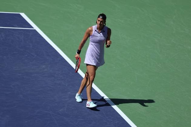 Caroline Garcia in action against Leilah Fernandez at the BNP Paribas Open at Indian Wells TENNIS : Indian Wells 2023 AntoineCouvercelle Panoramic 