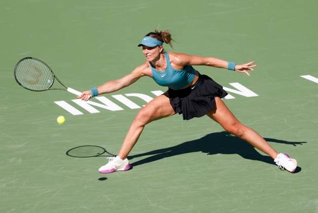 March 13, 2023 Paula Badosa of Spain returns a shot against Elena Rybakina of Kazakhstan during the 2023 BNP Paribas Open at Indian Wells Tennis Garden in Indian Wells, California. Mandatory Photo Credit: CSM Indian Wells United States of America - ZUMAc04_ 20230313_zaf_c04_072 Copyright: xCharlesxBausx