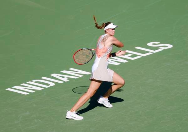 March 13, 2023 Elena Rybakina of Kazakhstan returns a shot against Paula Badosa of Spain during the 2023 BNP Paribas Open at Indian Wells Tennis Garden in Indian Wells, California. Mandatory Photo Credit: CSM Indian Wells United States of America - ZUMAc04_ 20230313_zaf_c04_075 Copyright: xCharlesxBausx