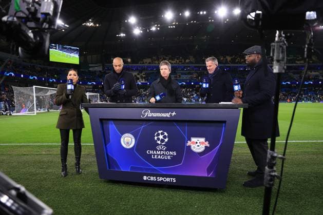 Football - UEFA Champions League - Round of 16 (2nd Leg) - Manchester City v RB Leipzig 14th March 2023 - UEFA Champions League - Round of 16 (2nd Leg) - Manchester City v RB Leipzig - L-R presenter Jules Breach, CBS Sports pundit Thierry Henry, Noel Gallagher, Jamie Carragher and Micah Richards appear in front of the cameras on CBS Sports in conjunction with Paramount Plus - Photo: Simon Stacpoole Offside. Manchester UK Copyright: xSimonxStacpoolexOffside
