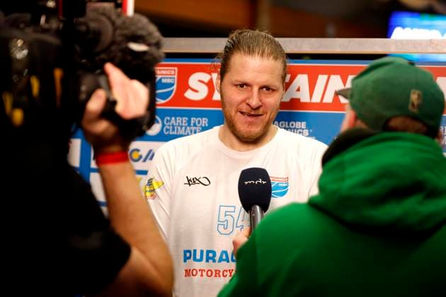 14.03.2023, easyCredit Basketball Bundesliga, BBL, Saison 2022 2023, Herren, Syntainics MBC - Alba Berlin, 54, John Bryant, Syntainics MBC beim Interview Weißenfels Stadthalle Sachsen-Anhalt Germany