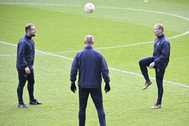ANDERLECHT, BELGIUM - MARCH 15 : Kopyt Artur ass coach of Union St-Gilloise, Geraerts Karel head coach of Union St-Gilloise pictured during a training session ahead of the UEFA Europa League round of 16, 2nd leg between Royal Union Saint-Gilloise and FC Union Berlin on March 15, 2023 in Anderlecht, Belgium, 15 03 2023 ( Royal Union Saint-Gilloise v Union Berlin - UEFA Europa League Media Activities 15 03 2023 PhotoNews Panoramic 