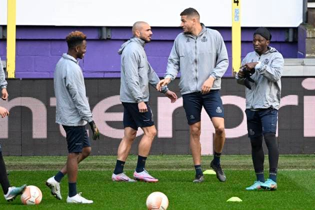 ANDERLECHT, BELGIUM - MARCH 15 : Adingra Simon defender of Union St-Gilloise, Teuma Teddy midfielder of Union St-Gilloise, Kandouss Ismael defender of Union St-Gilloise, Amani Lazare midfielder of Union St-Gilloise pictured during a training session ahead of the UEFA Europa League round of 16, 2nd leg between Royal Union Saint-Gilloise and FC Union Berlin on March 15, 2023 in Anderlecht, Belgium, 15 03 2023 ( Royal Union Saint-Gilloise v Union Berlin - UEFA Europa League Media Activities 15 03 2023 PhotoNews Panoramic 