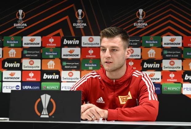 Fussball, Herren, Saison 2022 2023, Europa League, Pressekonferenz des 1. FC Union Berlin am Tag vor dem Achtelfinal-Rückspiel bei Royale Union Saint-Gilloise im Lotto Park Brüssel, Robin Knoche (1. FC Union Berlin), 15.03. 2023, Copyright: xMatthiasxKochx