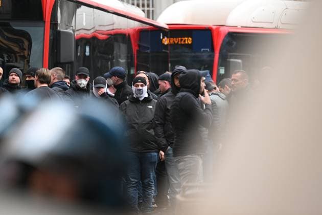 March 15, 2023, NAPLES: After the scuffles the transfer of German fans began and they were made to get on some buses. Protected by a police cordon, the Eintracht s supporters are directed for the moment towards the area of Medina street in Naples, Italy, 15 March 2023. SSC Napoli™s and Eintracht Frankfurt will play the UEFA Champions League round of 16 second leg soccer match at the Diego Armando Maradona stadium in Naples..ANSA CIRO FUSCO UEFA Champions League; clashes with Eintracht Frankfurt s supporters  - ZUMAa110 0239341016st Copyright: xCiroxFuscox