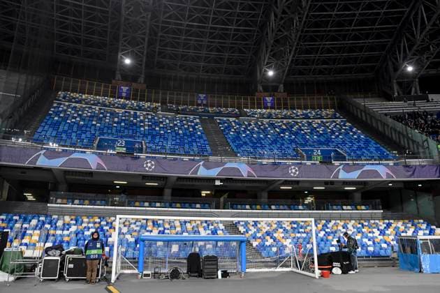 The empty sector stands of Eintracht supporters during the Champions League football match between SSC Napoli and Eintracht Frankfurt at Diego Armando Maradona stadium in Napoli (Italy), March 15th, 2023. Photo Andrea Staccioli Insidefoto andreaxstaccioli