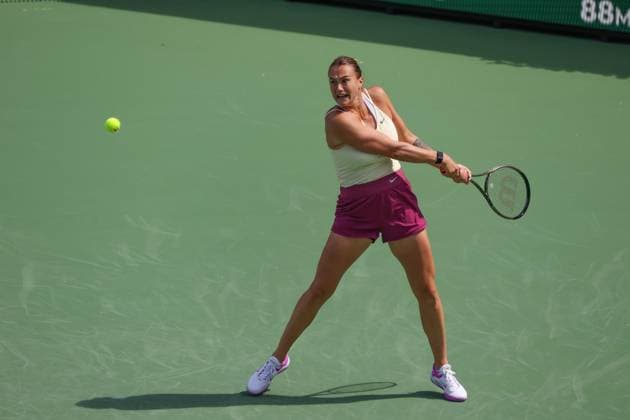 INDIAN WELLS, CA - MARCH 15: Aryna Sabalenka hits a backhand during the BNP Paribas Open on March 15, 2023 at the Indian Wells Tennis Garden in Indian Wells, CA. (Photo by George Walker Icon Sportswire) TENNIS: MAR 15 BNP Paribas Open Icon230315048