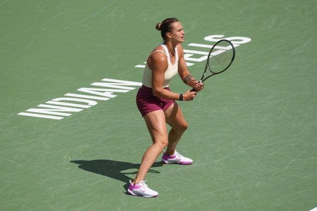 INDIAN WELLS, CA - MARCH 15: Aryna Sabalenka receives serve during the BNP Paribas Open on March 15, 2023 at the Indian Wells Tennis Garden in Indian Wells, CA. (Photo by George Walker Icon Sportswire) TENNIS: MAR 15 BNP Paribas Open Icon230315057