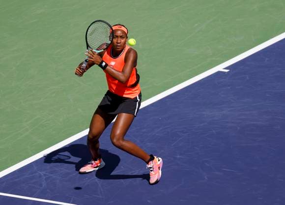 March 15, 2023 Coco Gauff returns a shot against Aryna Sabalenka of Belarus during the 2023 BNP Paribas Open at Indian Wells Tennis Garden in Indian Wells, California. Mandatory Photo Credit: CSM Indian Wells United States of America - ZUMAc04_ 20230315_zaf_c04_019 Copyright: xCharlesxBausx