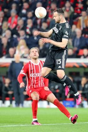 16.03.2023, xtvx, Fussball UEFA Europa League 1 8 Finale, SC Freiburg - Juventus Turin emspor, v.l. Lucas Hoeler (SC Freiburg) Federico Gatti (Juventus Turin) Zweikampf, Aktion, action, battle for the ball (DFL DFB REGULATIONS PROHIBIT ANY USE OF PHOTOGRAPHS as IMAGE SEQUENCES and or QUASI-VIDEO) Freiburg