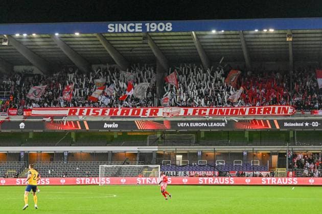 Fussball, Herren, Saison 2022 2023, Europa League (Achtelfinale, Rückspiel), Royale Union Saint-Gilloise - 1. FC Union Berlin im Lotto Park Brüssel, Fans des 1. FC Union Berlin , 16.03. 2023, Copyright: xMatthiasxKochx