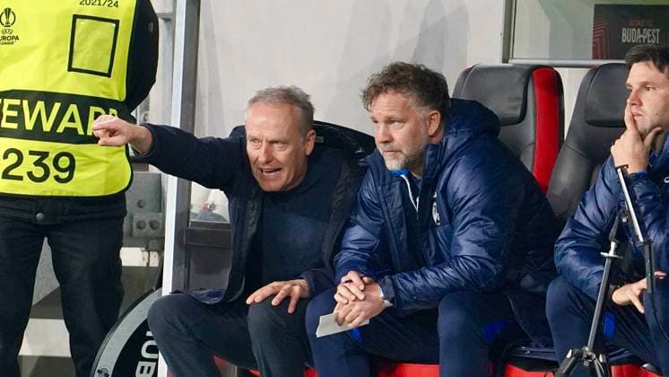 16.03.2023; Freiburg im Breisgau, Baden Württemberg, Deutschland, Europa Trainer Christian Streich (SC Freiburg) und Co-Trainer Lars Voßler - Fussball UEFA Europa League 2022 2023: Achtelfinale Rückspiel - SC Freiburg - Juventus Turin, im Europa Park Stadion