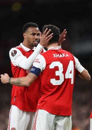 Arsenal v Sporting 16 March 2023, London - UEFA EUROPA League Football - Round of 16, 2nd Leg - Arsenal v Sporting Clube de Portugal - Gabriel of Arsenal celebrates their first goal with Granit Xhaka of Arsenal - Photo: Charlotte Wilson Offside. London UK Copyright: xCharlottexWilsonx xOffsidexOffside