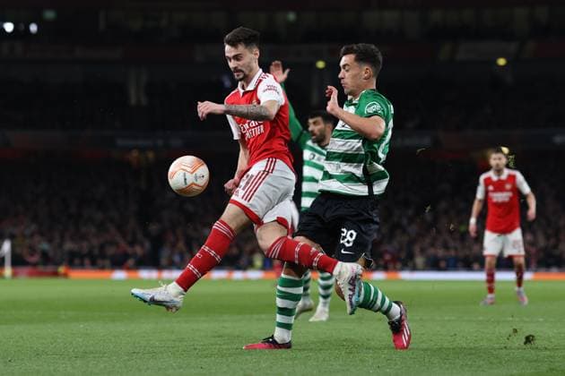 Arsenal v Sporting 16 March 2023, London - UEFA EUROPA League Football - Round of 16, 2nd Leg - Arsenal v Sporting Clube de Portugal - Fabio Vieira of Arsenal and Pedro Goncalves of Sporting CP - Photo: Charlotte Wilson Offside. London UK Copyright: xCharlottexWilsonx xOffsidexOffside