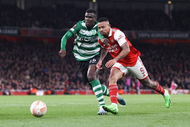 Arsenal v Sporting 16 March 2023, London - UEFA EUROPA League Football - Round of 16, 2nd Leg - Arsenal v Sporting Clube de Portugal - Ousmande Diomande of Sporting CP and Gabriel Jesus of Arsenal - Photo: Charlotte Wilson Offside. London UK Copyright: xCharlottexWilsonx xOffsidexOffside