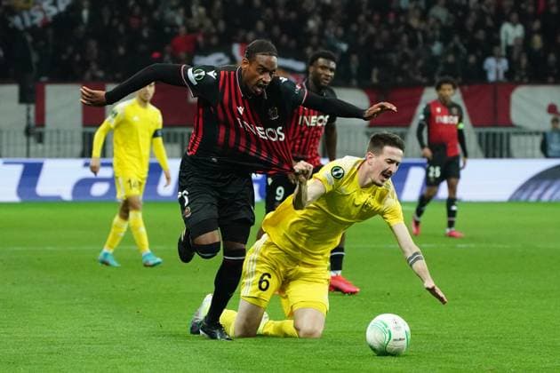 Pablo Rosario (OGC Nice) - Stjepan Radeljic (Sheriff Tiraspol) FOOTBALL : OGC Nice vs Football Club Sheriff Tiraspol - 8 eme de finale retour Europa Conference League - Nice - 16 03 2023 NorbertScanella Panoramic 