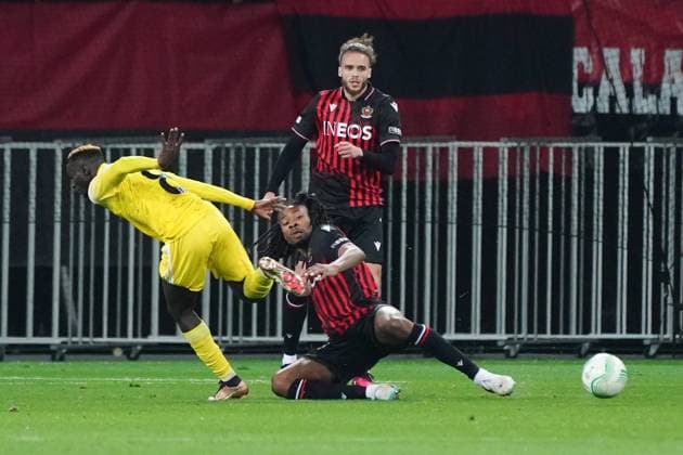 Khephren Thuram (OGC Nice) - Mouhamed Diop (Sheriff Tiraspol) FOOTBALL : OGC Nice vs Football Club Sheriff Tiraspol - 8 eme de finale retour Europa Conference League - Nice - 16 03 2023 NorbertScanella Panoramic 