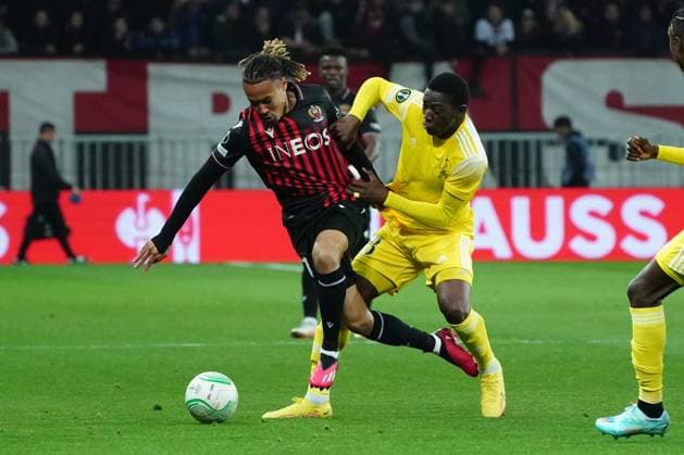 Alexis Beka Beka (OGC Nice) - Moussa Kyabou (Sheriff Tiraspol) FOOTBALL : OGC Nice vs Football Club Sheriff Tiraspol - 8 eme de finale retour Europa Conference League - Nice - 16 03 2023 NorbertScanella Panoramic 